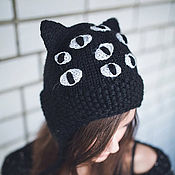 Аксессуары handmade. Livemaster - original item Black Cat hat, Warm, Cat ears, Gift, Unisex. Handmade.