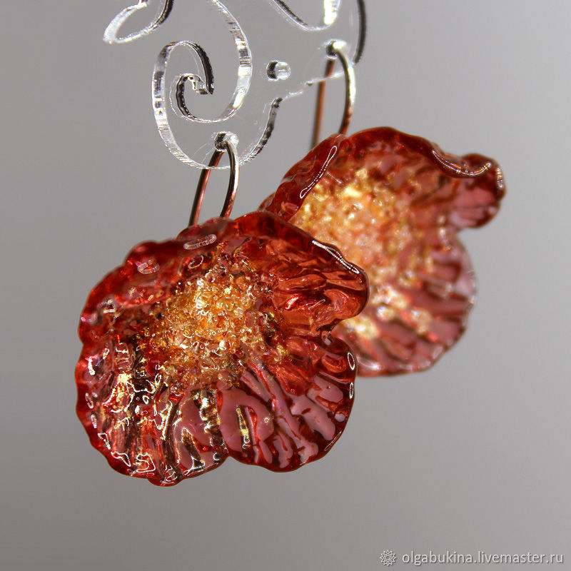 Earrings flowers Golden poppy. Silver, lampwork glass pink, Earrings, Moscow,  Фото №1