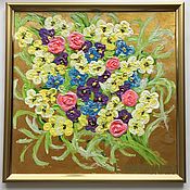 Картины и панно handmade. Livemaster - original item Painting bouquet of flowers on gold in a frame 