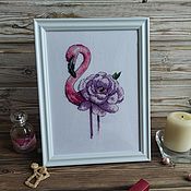 Картины и панно handmade. Livemaster - original item Cross-stitch Floral Flamingo Painting, Cross-stitch. Handmade.