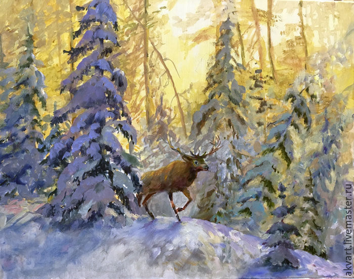 Oil painting. DEER IN WINTER FOREST, Pictures, Moscow,  Фото №1
