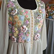Платье-халат,лён,ручная вышивка "Сказочный сад"