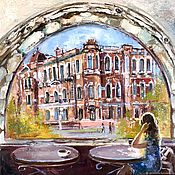 Картины и панно handmade. Livemaster - original item Oil painting with a city and a cafe. Girl in the butter cafe. Handmade.