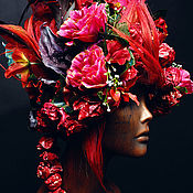 Unique handmade fantasy feather and flowers headdress
