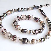Украшения handmade. Livemaster - original item Set necklace and bracelet of black pearls and pink quartz. Handmade.