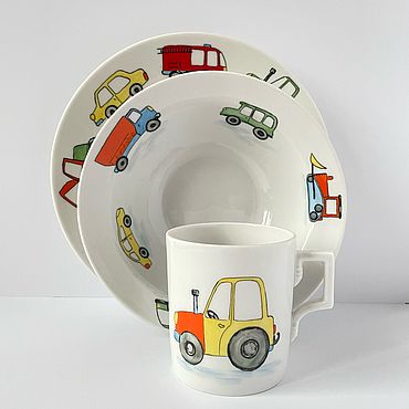 Посуда ручной работы. Ярмарка Мастеров - ручная работа Детская посуда: Роспись фарфора Набор детский «Машинки». Handmade.