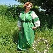 Русский стиль handmade. Livemaster - original item Dress Russian Slavic linen green Kupava. Handmade.
