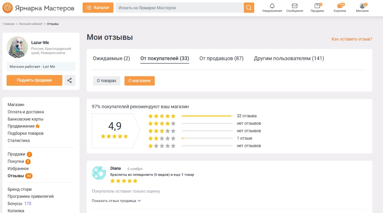 Отзывы обо мне в моем первом магазине на ЯМ