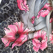 Аксессуары handmade. Livemaster - original item Batik Shawl silk 100% Pink Poppies on Grey Leopard Print. Handmade.