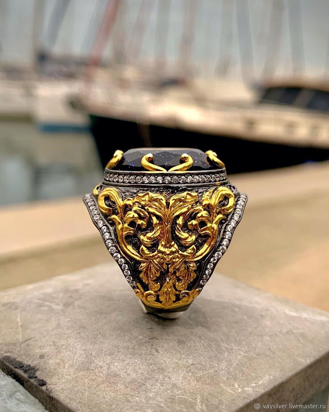 Перстень из серебра Позолота 14к С камнем ручной работы авантюрин в ...