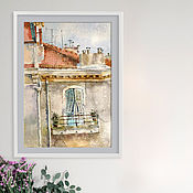 Картины и панно handmade. Livemaster - original item Painting Balcony (urban landscape, ashy, brick, blue). Handmade.