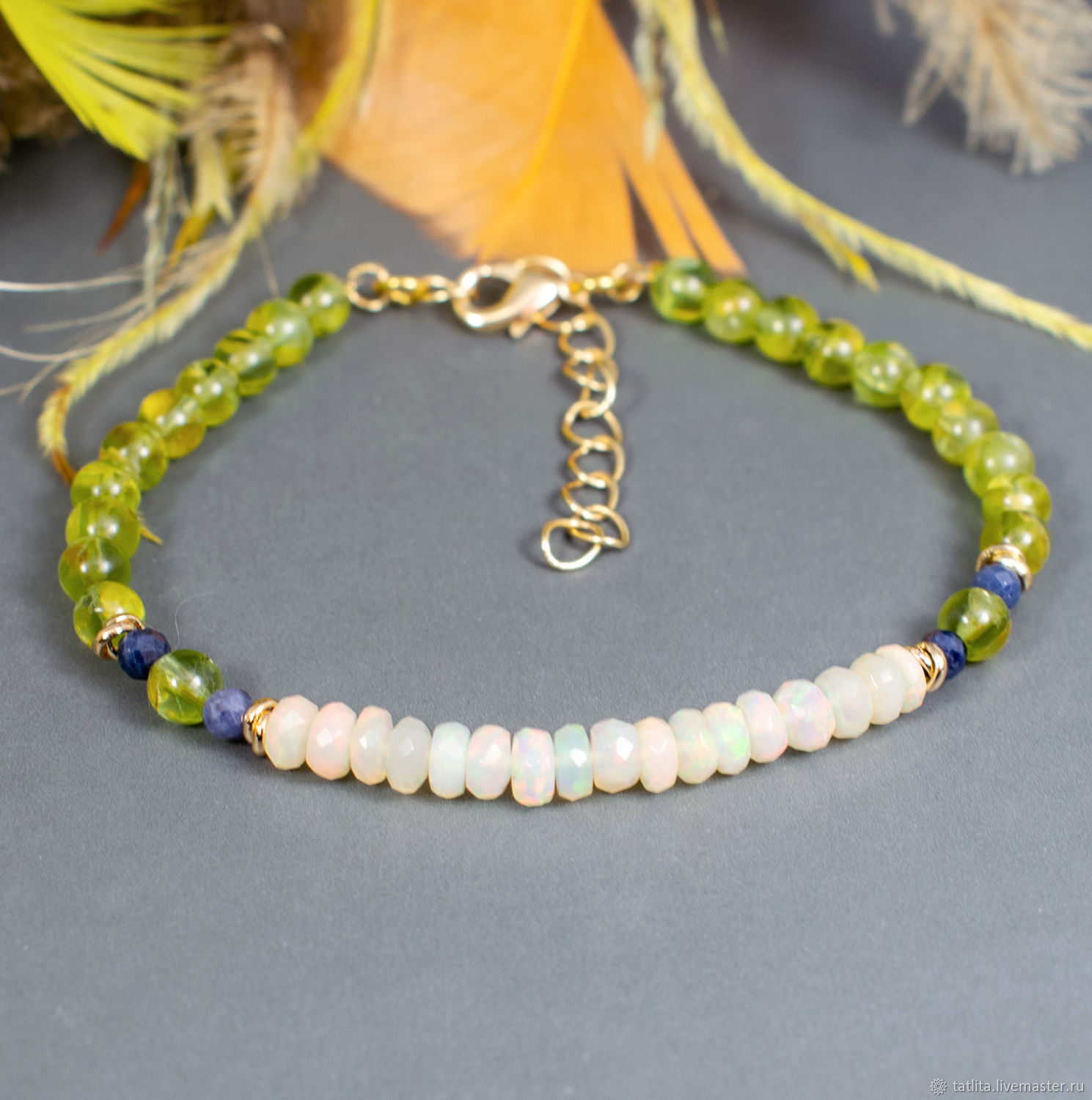 Браслет из опала, хризолита и сапфира. Тонкий браслет из камней на ...