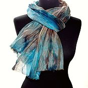 Аксессуары handmade. Livemaster - original item Fabric scarf cotton with silk beige brown blue shibori batik. Handmade.