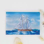 Painting with the sea ship and sunset Miniature watercolor on the kitchen blue