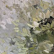 Картина маслом на холсте абстракция бежевая синяя цветы