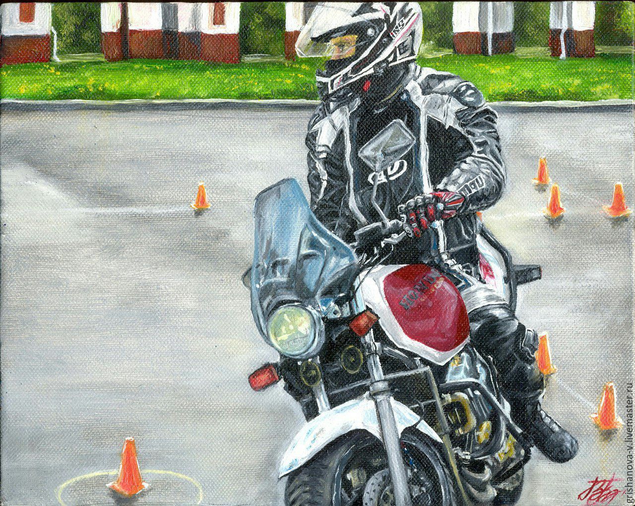 Мотоциклист на улице рисунок