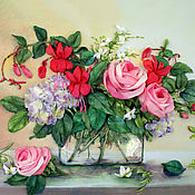 Картины и панно handmade. Livemaster - original item Pattern with ribbons of Rose,fuchsia and hydrangea. Handmade.