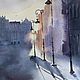 City landscape watercolor Morning (yellow blue-purple lights), Pictures, Yuzhno-Uralsk,  Фото №1
