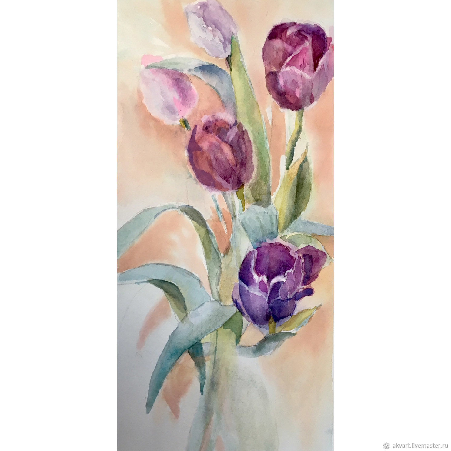 Watercolor miniatures. Purple tulips, Pictures, Moscow,  Фото №1