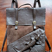Сумки и аксессуары handmade. Livemaster - original item 3D Lizard Backpack made of brown leather and suede. Handmade.