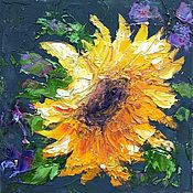 Картины и панно handmade. Livemaster - original item A picture of a sunflower on black! oil, cardboard 15*15 cm.. Handmade.