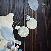 Украшения handmade. Livemaster - original item Round boho earrings with aquamarine and pearl Brass earrings with face. Handmade.