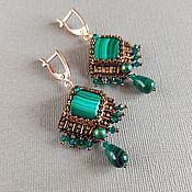 Украшения handmade. Livemaster - original item Square earrings with malachite, bronze earrings with green stone. Handmade.