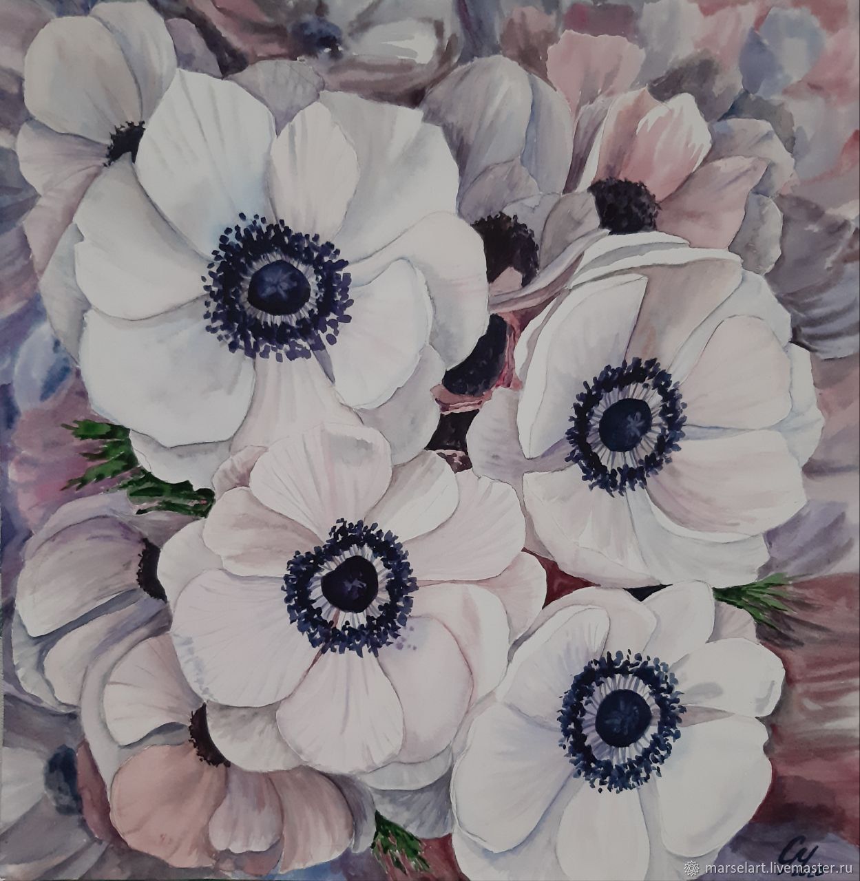 Purple charm painting anemones watercolor painting with white flowers, Pictures, Kemerovo,  Фото №1