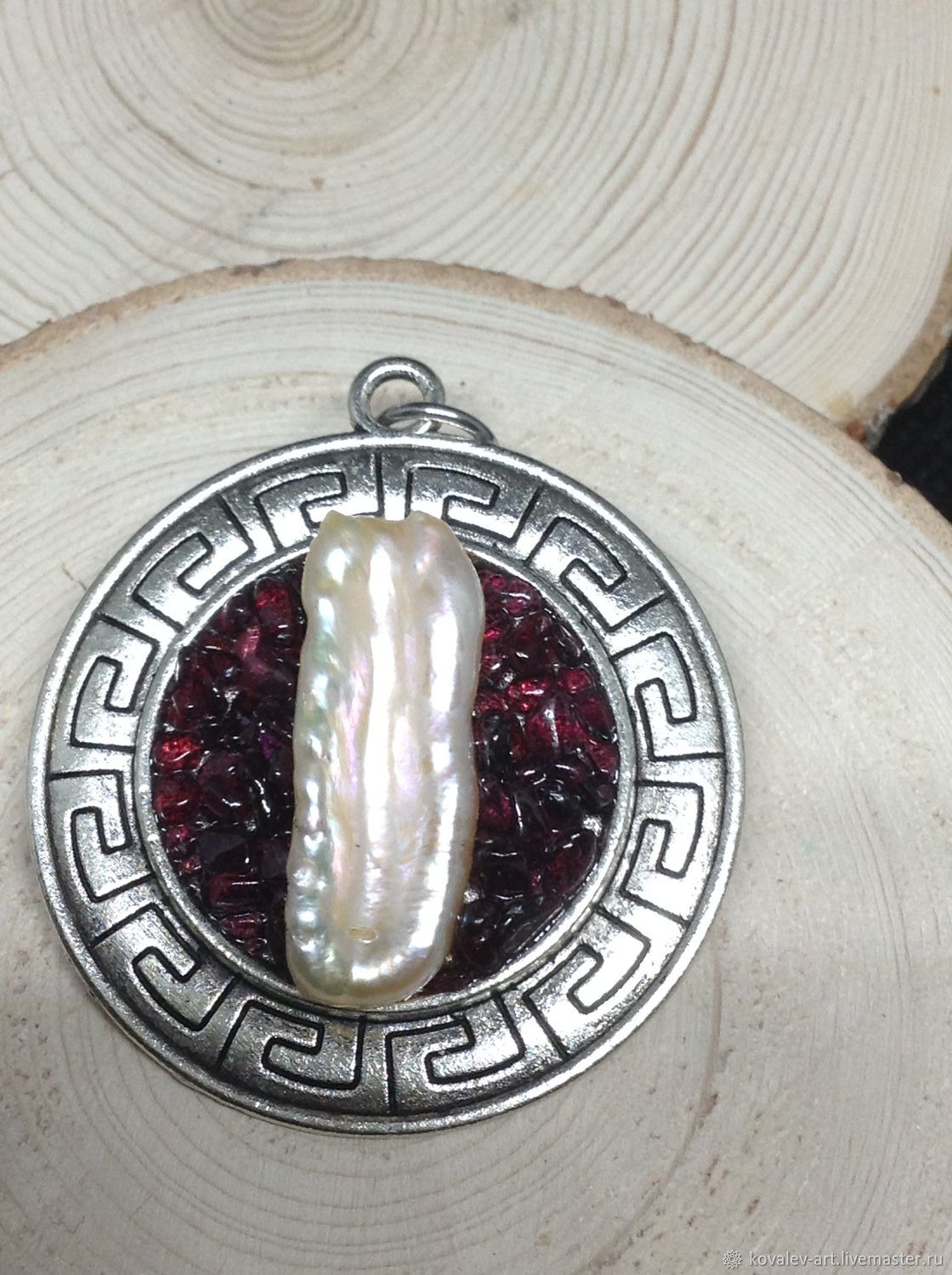 Pendant With Large Baroque Biwa Pearl And Garnets On Pendants Handmade Livemaster Pendant With Large Baroque Biwa Pearl And Garnets