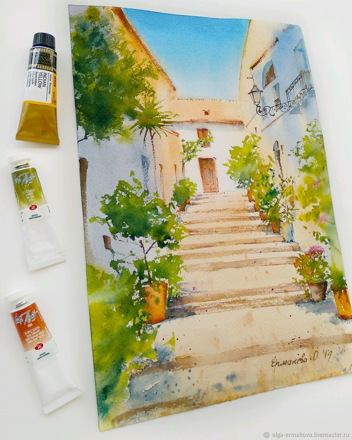 Southern landscape Painting with a green street of Greece and steps –  купить на Ярмарке Мастеров – J755ACOM
