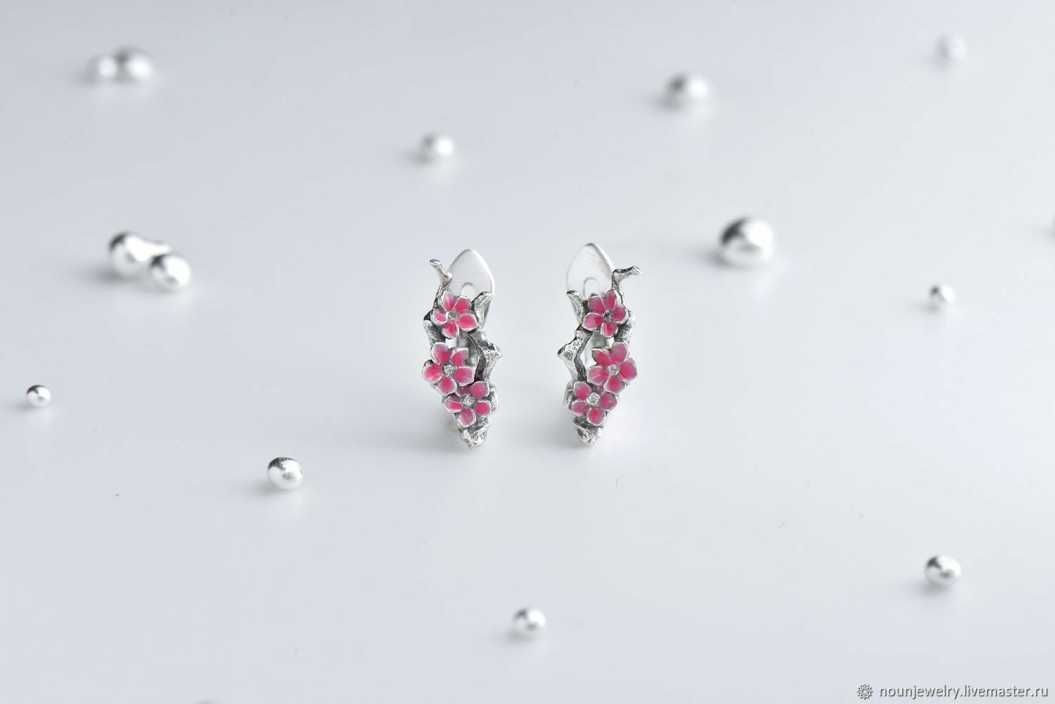 Silver earrings with stones and Sakura enamel, Earrings, St. Petersburg,  Фото №1
