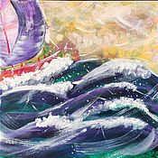 Картины и панно handmade. Livemaster - original item The wind. Sailboat on the waves. Painting on canvas. Handmade.