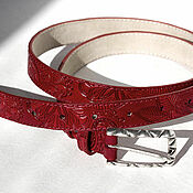 Аксессуары handmade. Livemaster - original item Narrow leather belt with embossed Red. Handmade.