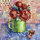 Painting of a Rose in a green mug, mix media, Pictures, Moscow,  Фото №1