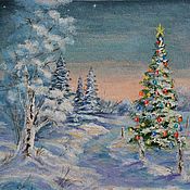 Картины и панно ручной работы. Ярмарка Мастеров - ручная работа Picture miniature Christmas tree, Winter evening, 20h15, oil. Handmade.