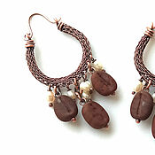 Украшения handmade. Livemaster - original item Copper ring earrings with coffee beans and pearls Wire wrap. Handmade.