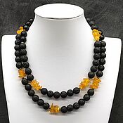 Работы для детей, handmade. Livemaster - original item Long beads natural amber, shungite and volcanic lava. Handmade.
