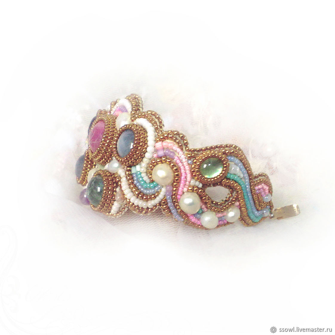 Rainbow cloud bracelet. Ruby, aquamarine, sapphire, amethyst, pearl, Hard bracelet, Bryansk,  Фото №1