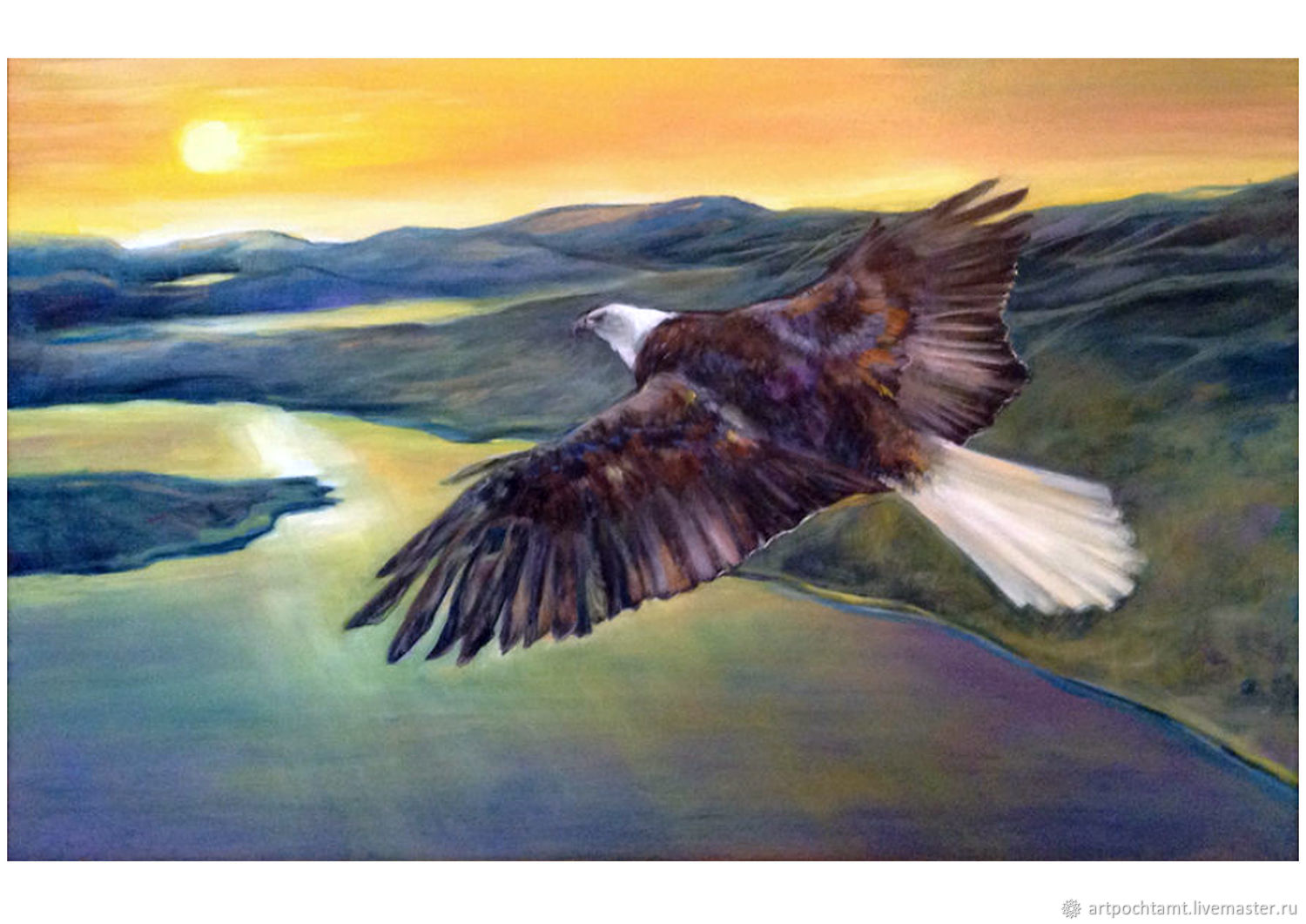 Soaring Eagle Painting - Sunset Landscape Bird River Mountains, Pictures, M...