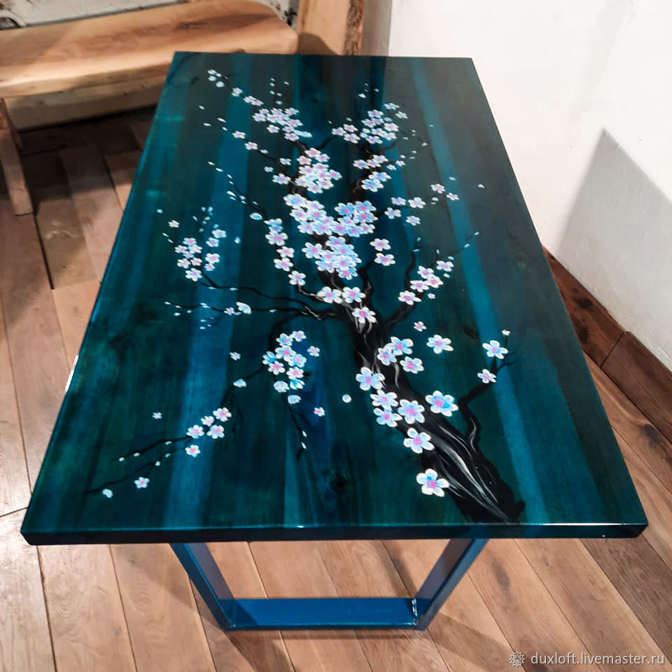 Синий стол из слэба с росписью Сакура – заказать на Ярмарке Мастеров ...