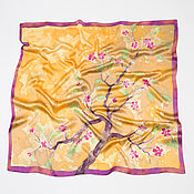 Аксессуары handmade. Livemaster - original item Golden silk handkerchief with sakura, satin, batik. Handmade.