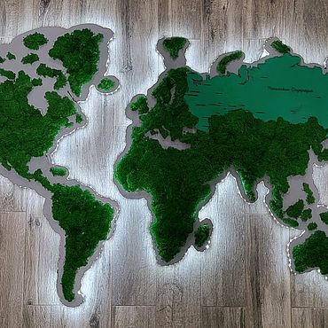 Картины и панно ручной работы. Ярмарка Мастеров - ручная работа Панно карта мира из дерева с подсветкой и стабилизированным мхом. Handmade.