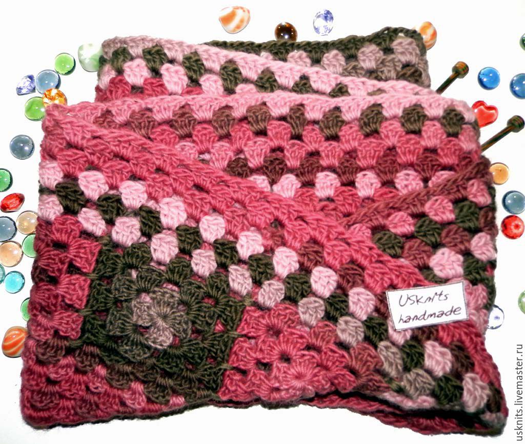 Knit crochet scarf - cowl `Squares in berry tones` made a hook from a soft, silky yarn dyeing sectioned. Scarf-Snood is made `Granny squares` Mobius strip.
