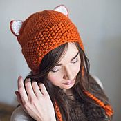 Аксессуары handmade. Livemaster - original item Warm hat with ears, red fox, fox ears, cat ears, orange. Handmade.