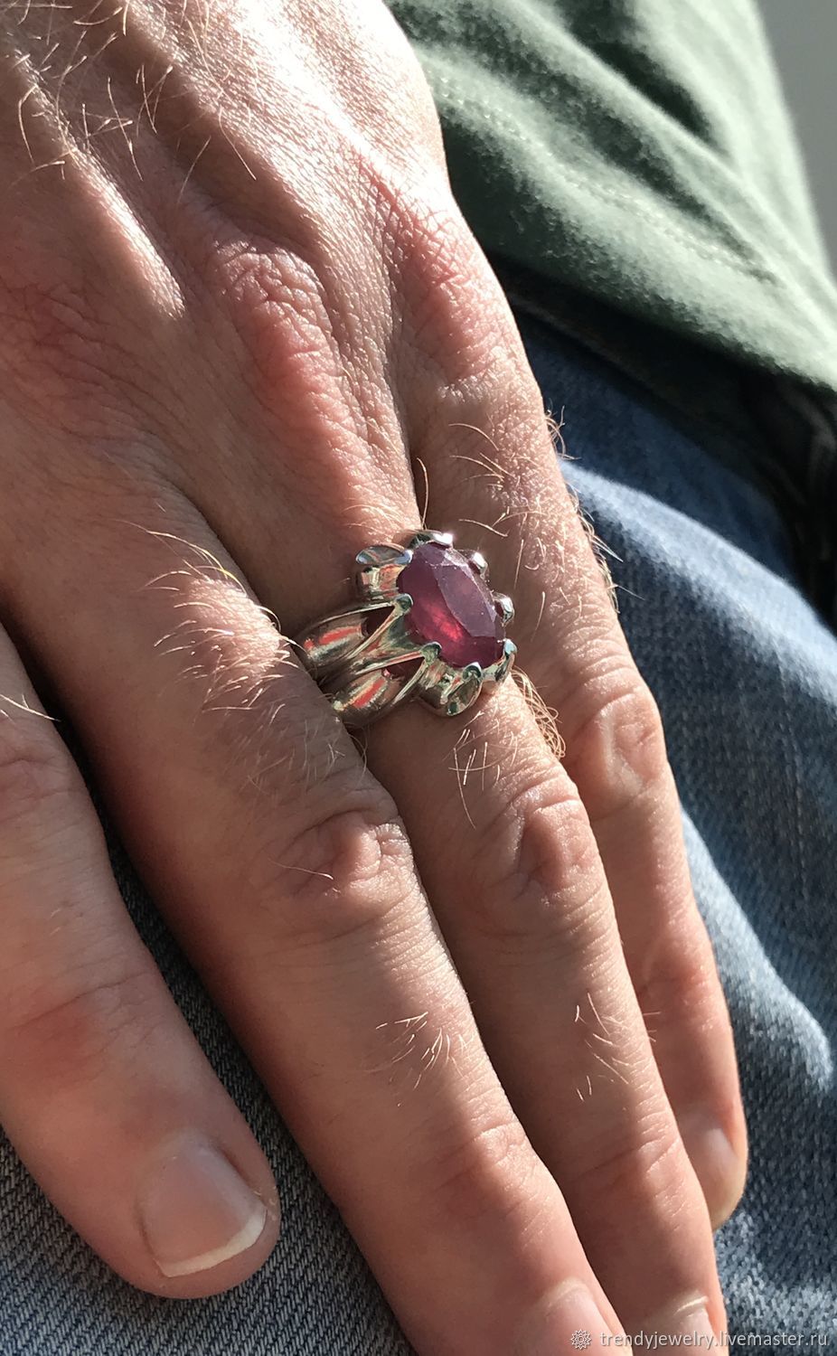 Мужской перстень с рубином из серебра 925 пробы с покрытием родий для ...
