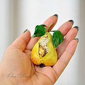 Украшения handmade. Livemaster - original item Brooch made of leather Ripe yellow pear with beading and Swarovski. Handmade.