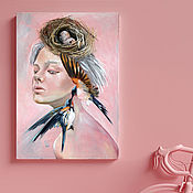 Картины и панно handmade. Livemaster - original item Girl with birds, painting with a nest, painting fantasy.. Handmade.