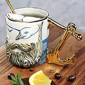 Посуда handmade. Livemaster - original item Чашка для усов "Моряк. День" фарфоровая. Handmade.