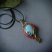 Украшения handmade. Livemaster - original item Blue opal and coral wire wrap pendant. Handmade.