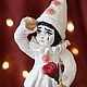 Pierrot with a rose, a Christmas toy made of cotton wool on the Christmas tree, Christmas decorations, St. Petersburg,  Фото №1
